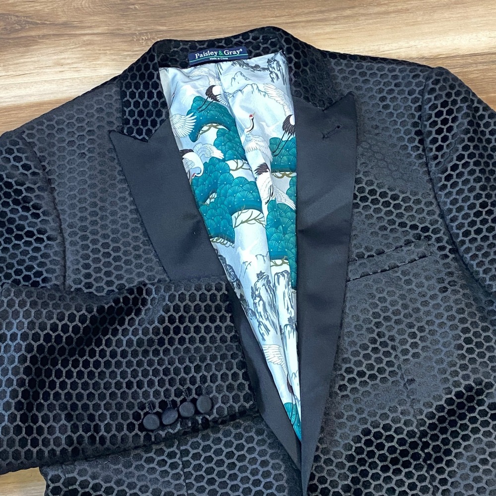 Paisley & Gray Blazer Mens 36R Honeycomb Velvet Slim Fit Black Formal Jacket